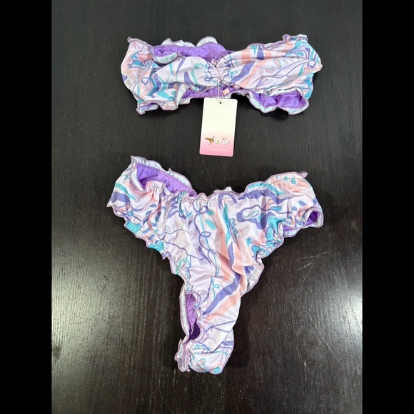 Oceanus Teresa Ruffled Frilly Swirl Abstract Print Bandeau Bikini Set Size M - Picture 2 of 12